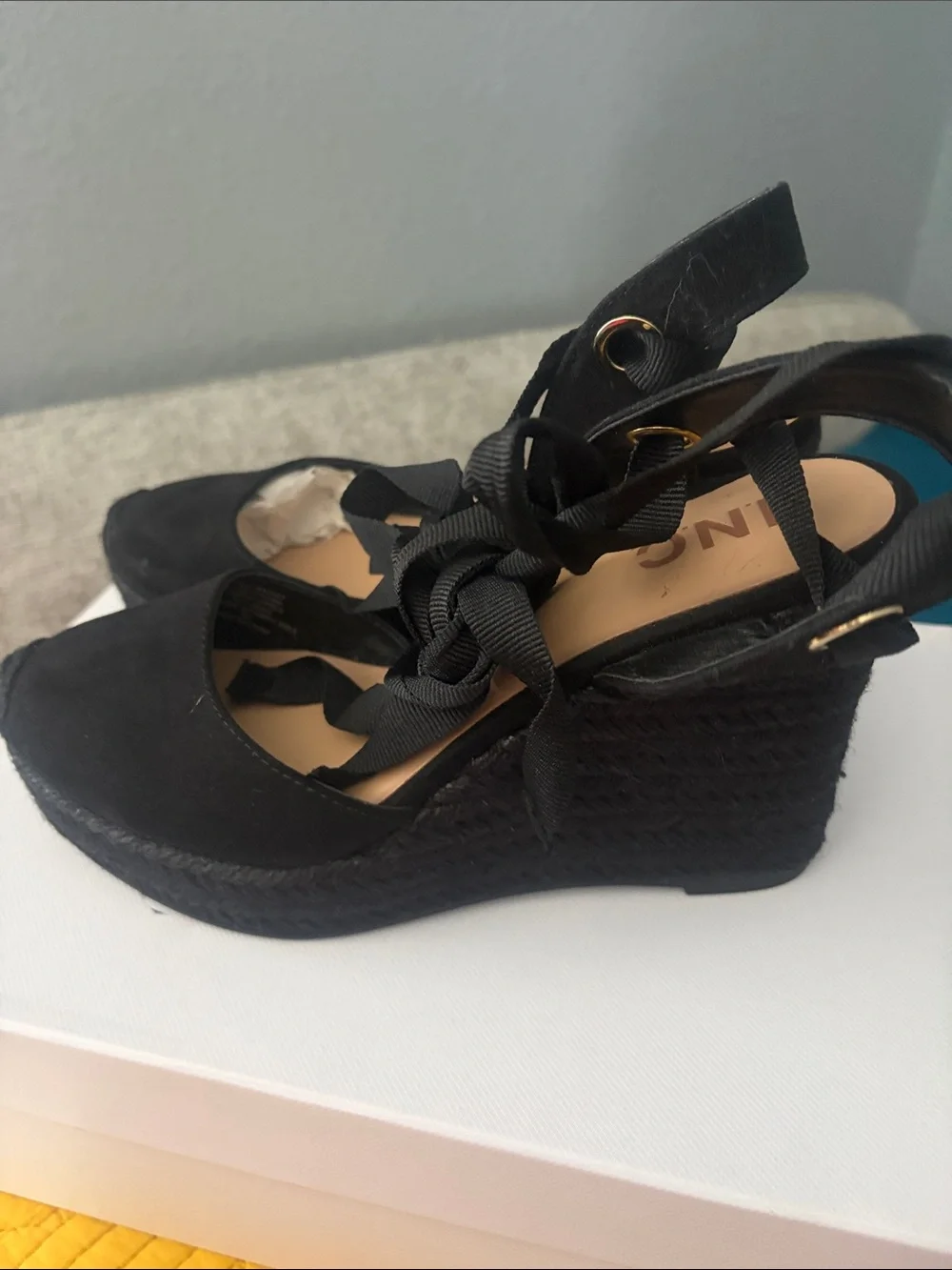 INC International Concepts Black Lace-Up Espadrille Wedge Sandals